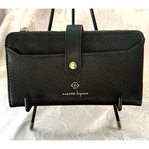 Nanette Lepore Bifold Wallet Womens Black Pebbled Faux Leather Snap
